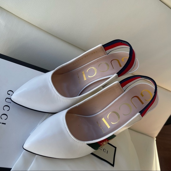 NIB Gucci White Leather Bee Embroidered Slingback Web Pumps 37EU/7US - Picture 7 of 10